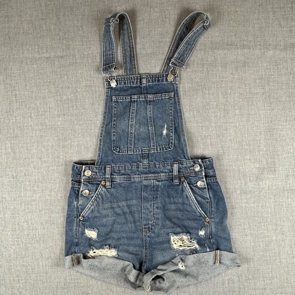 H&M Divided Romper Shorts Sz 4 Blue Denim Bib Overall Distressed Straps Y2K